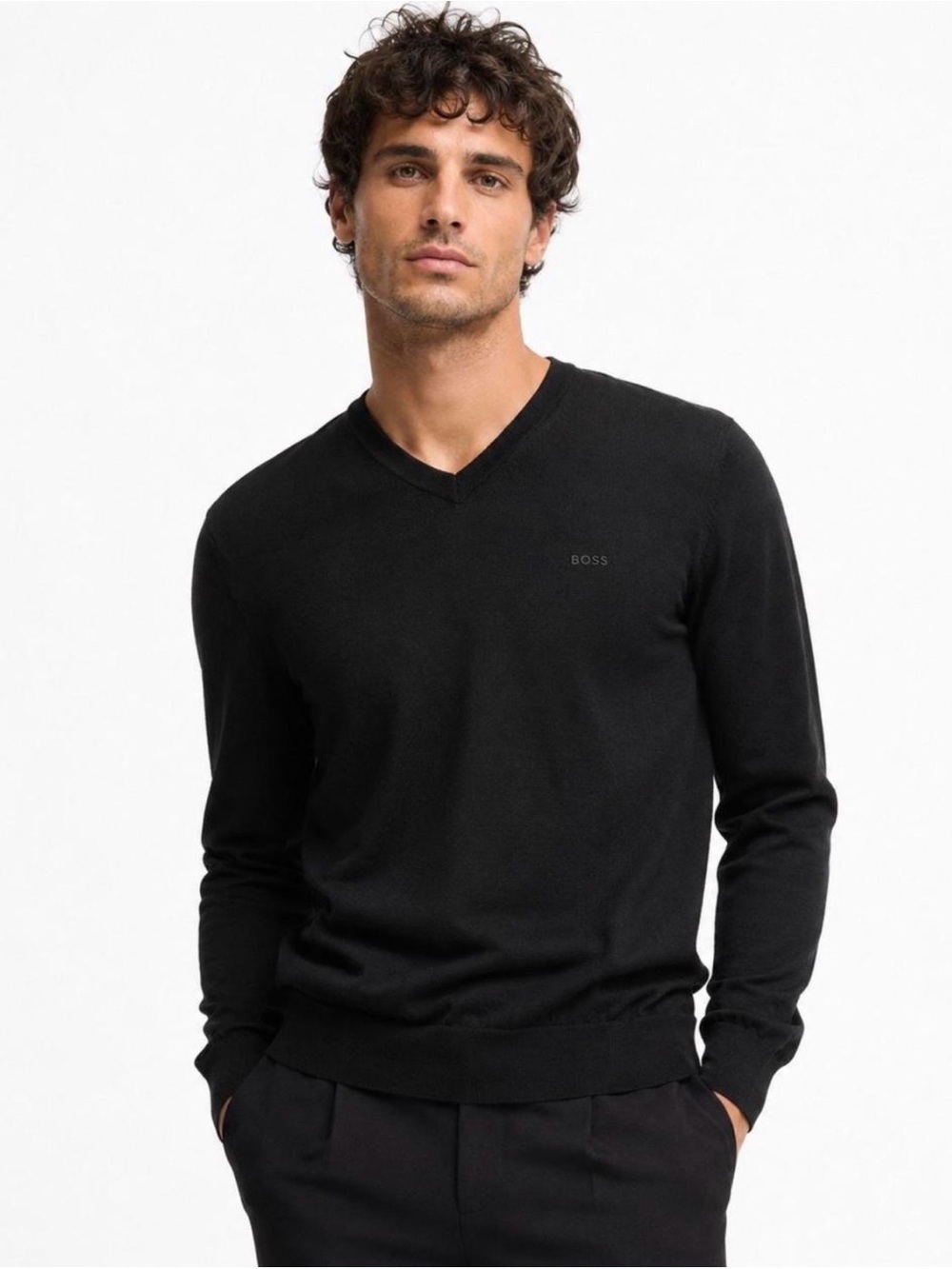 🔥 BOSS Black V-Neck Fine Italian Yarn Sweater Pullover Men’s Luxury Minimalist
